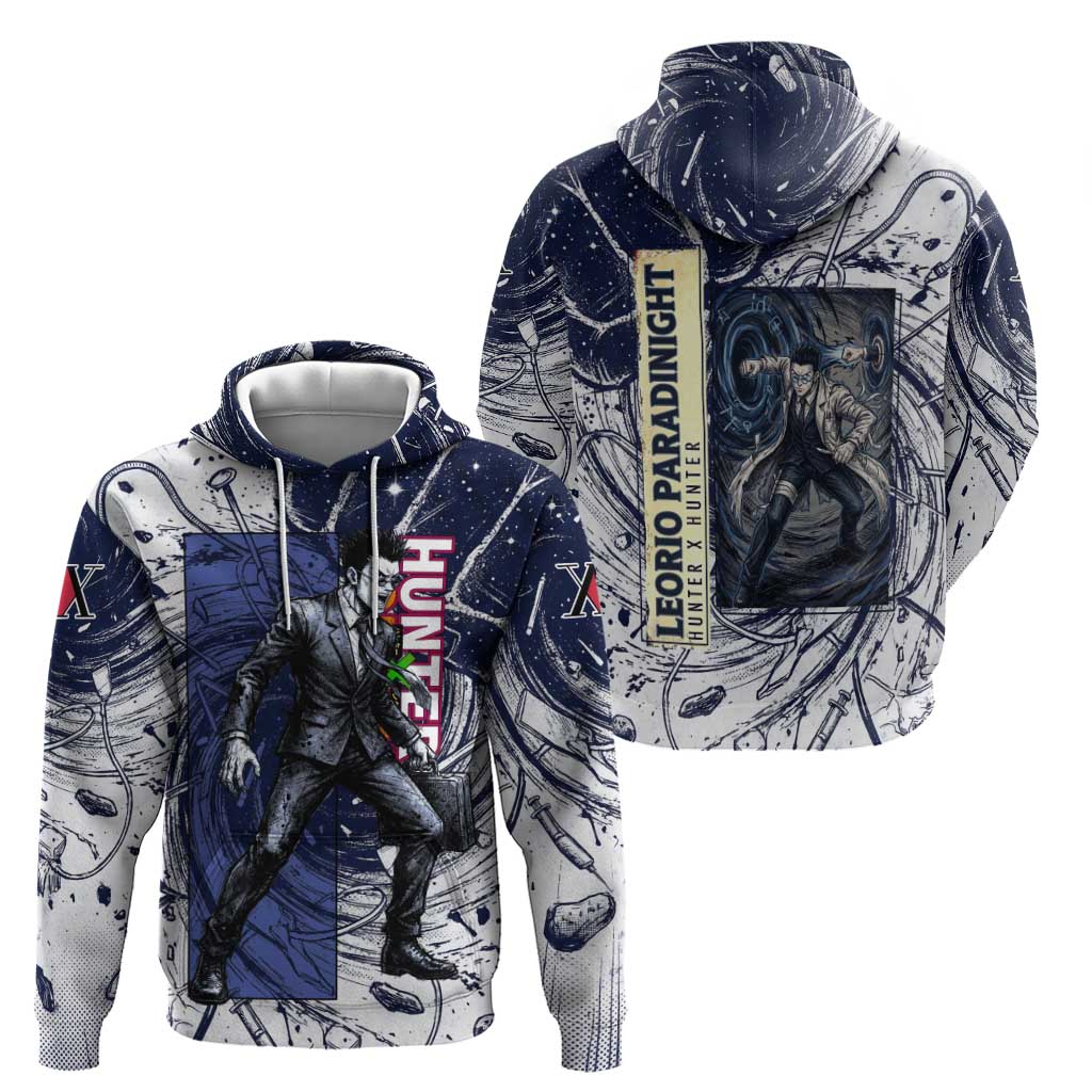 Leorio Paradinight Portal Energy Theme Hoodie with Dynamic Anime Artwork and Blue Grunge Design - The Mazicc