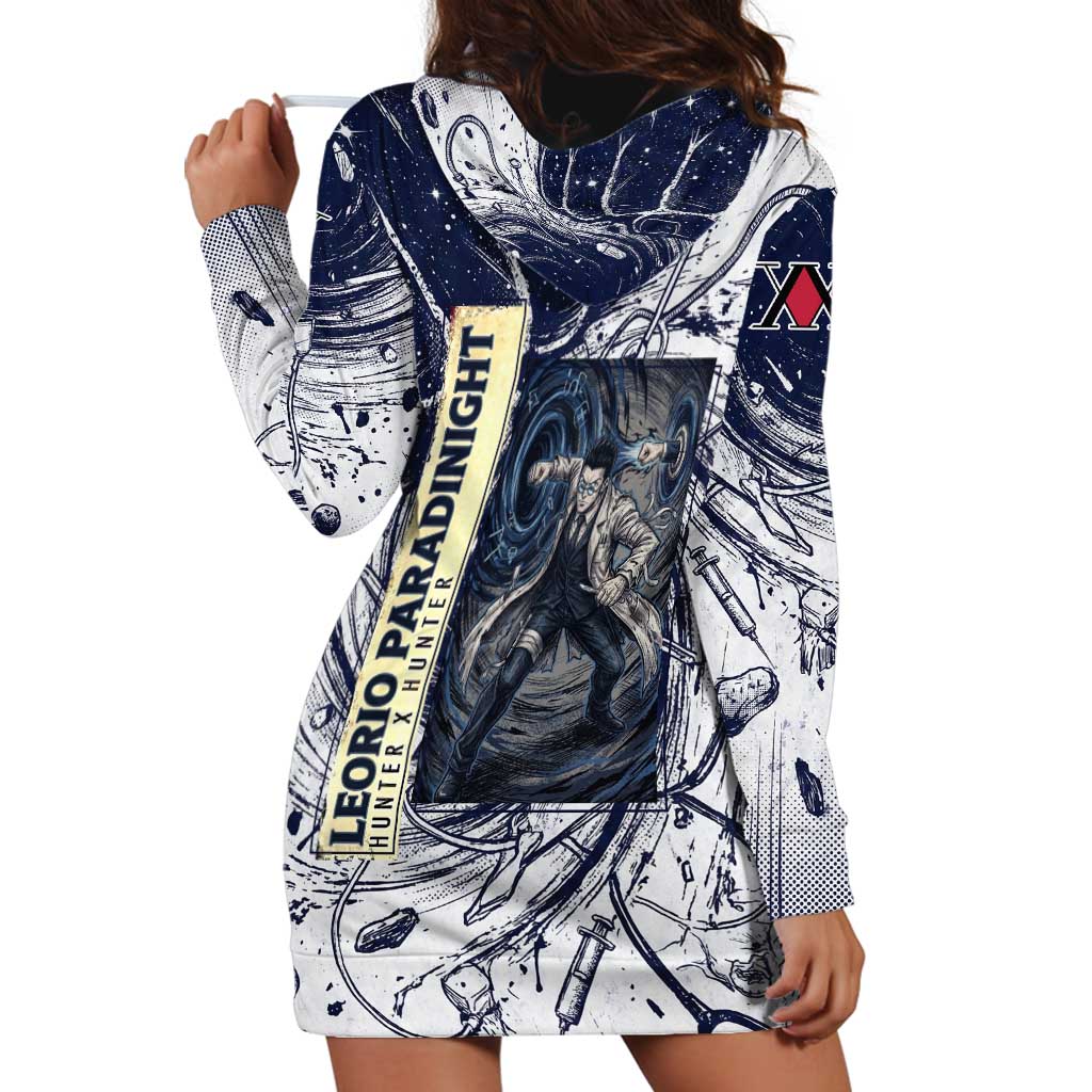 Leorio Paradinight Portal Energy Theme Hoodie Dress with Dynamic Anime Artwork and Blue Grunge Design - The Mazicc