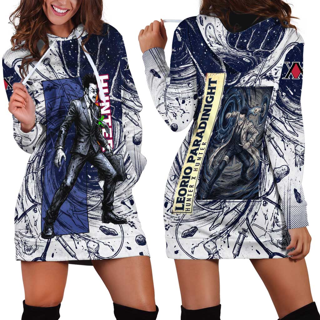 Leorio Paradinight Portal Energy Theme Hoodie Dress with Dynamic Anime Artwork and Blue Grunge Design - The Mazicc