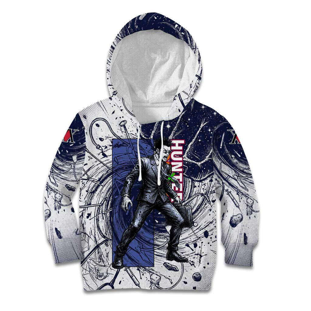 Leorio Paradinight Portal Energy Theme Kid Hoodie with Dynamic Anime Artwork and Blue Grunge Design - The Mazicc