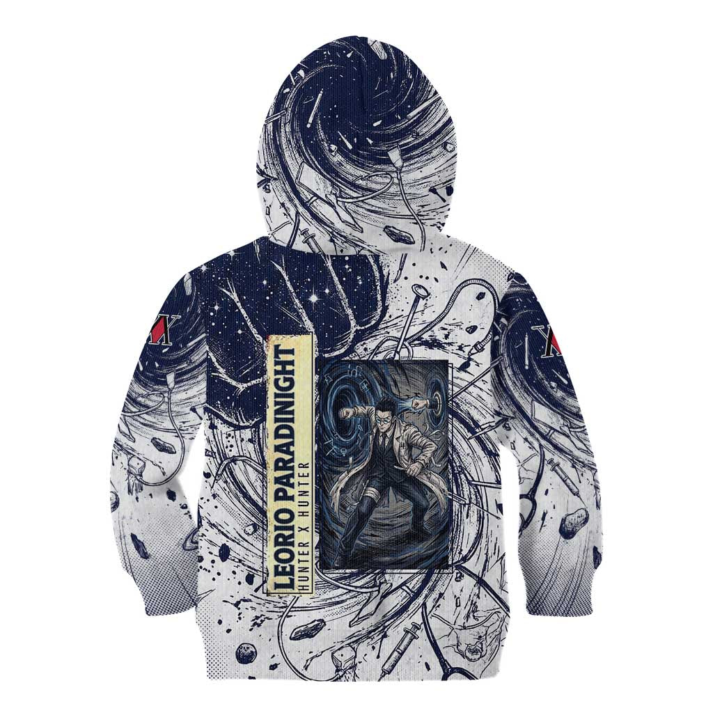 Leorio Paradinight Portal Energy Theme Kid Hoodie with Dynamic Anime Artwork and Blue Grunge Design - The Mazicc