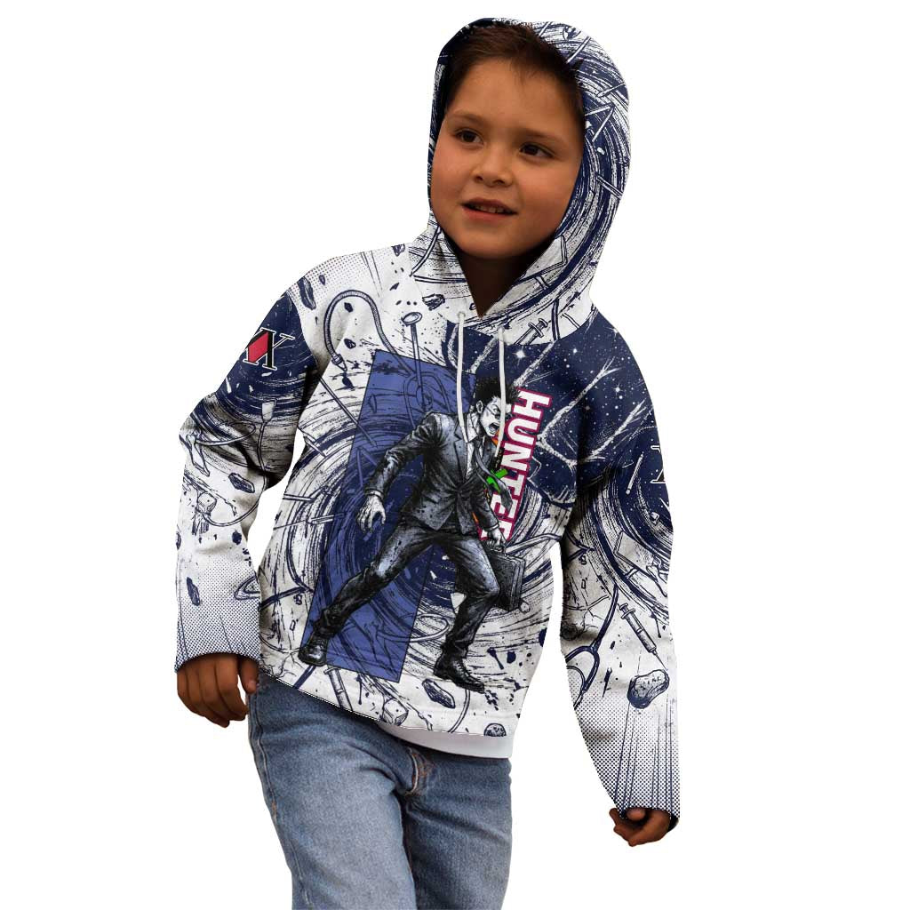Leorio Paradinight Portal Energy Theme Kid Hoodie with Dynamic Anime Artwork and Blue Grunge Design - The Mazicc