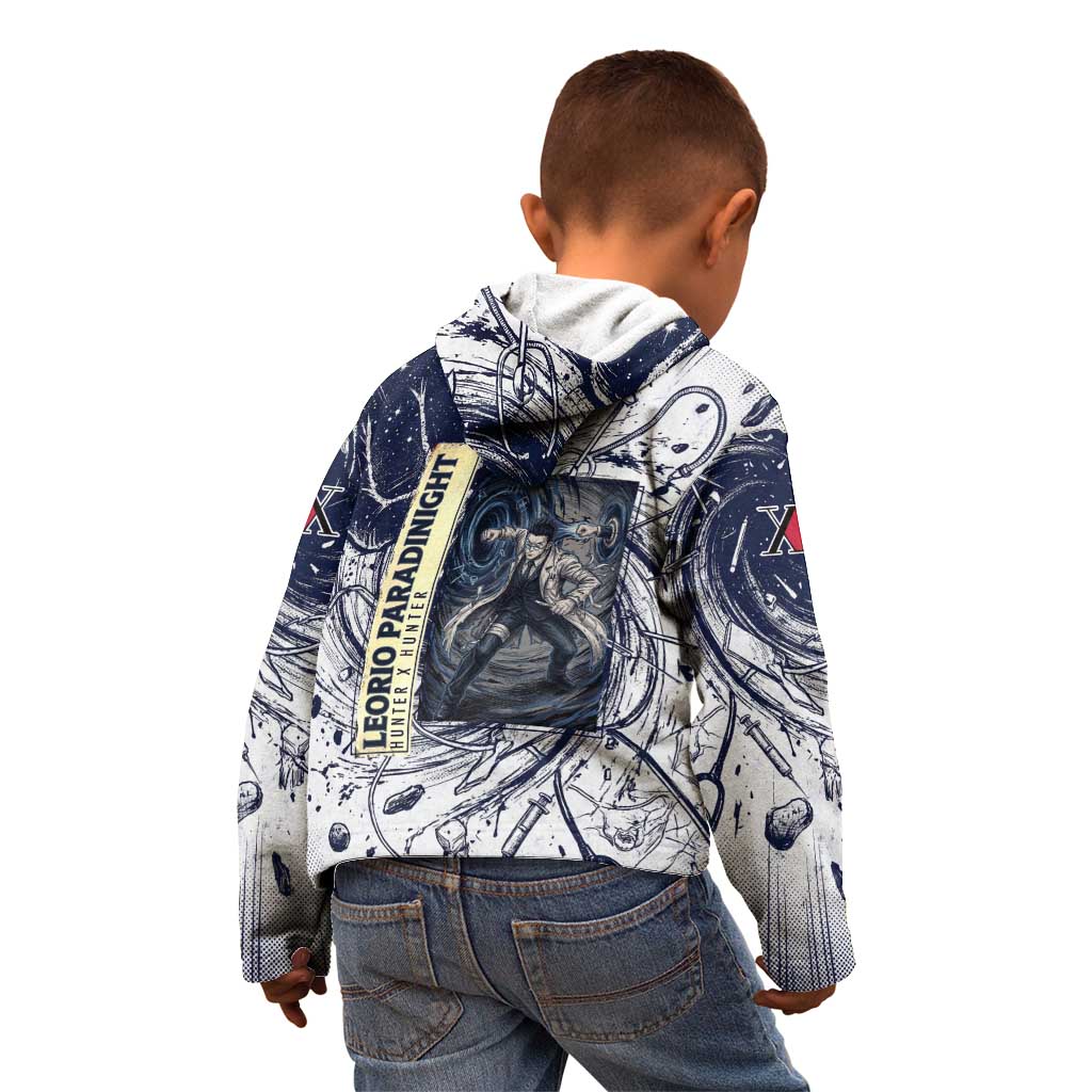 Leorio Paradinight Portal Energy Theme Kid Hoodie with Dynamic Anime Artwork and Blue Grunge Design - The Mazicc