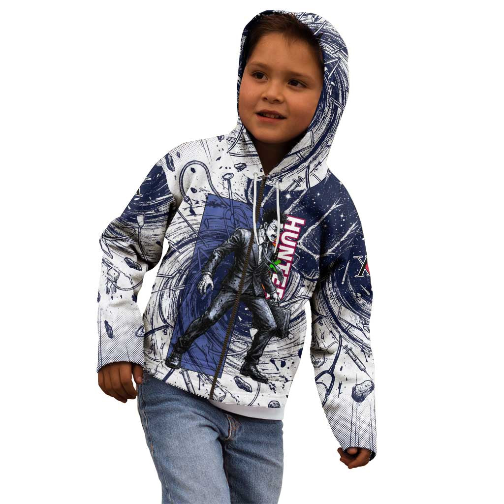Leorio Paradinight Portal Energy Theme Kid Hoodie with Dynamic Anime Artwork and Blue Grunge Design - The Mazicc