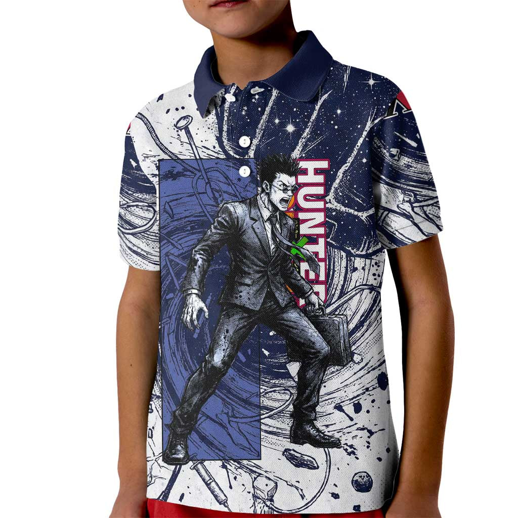 Leorio Paradinight Portal Energy Theme Kid Polo Shirt with Dynamic Anime Artwork and Blue Grunge Design - The Mazicc
