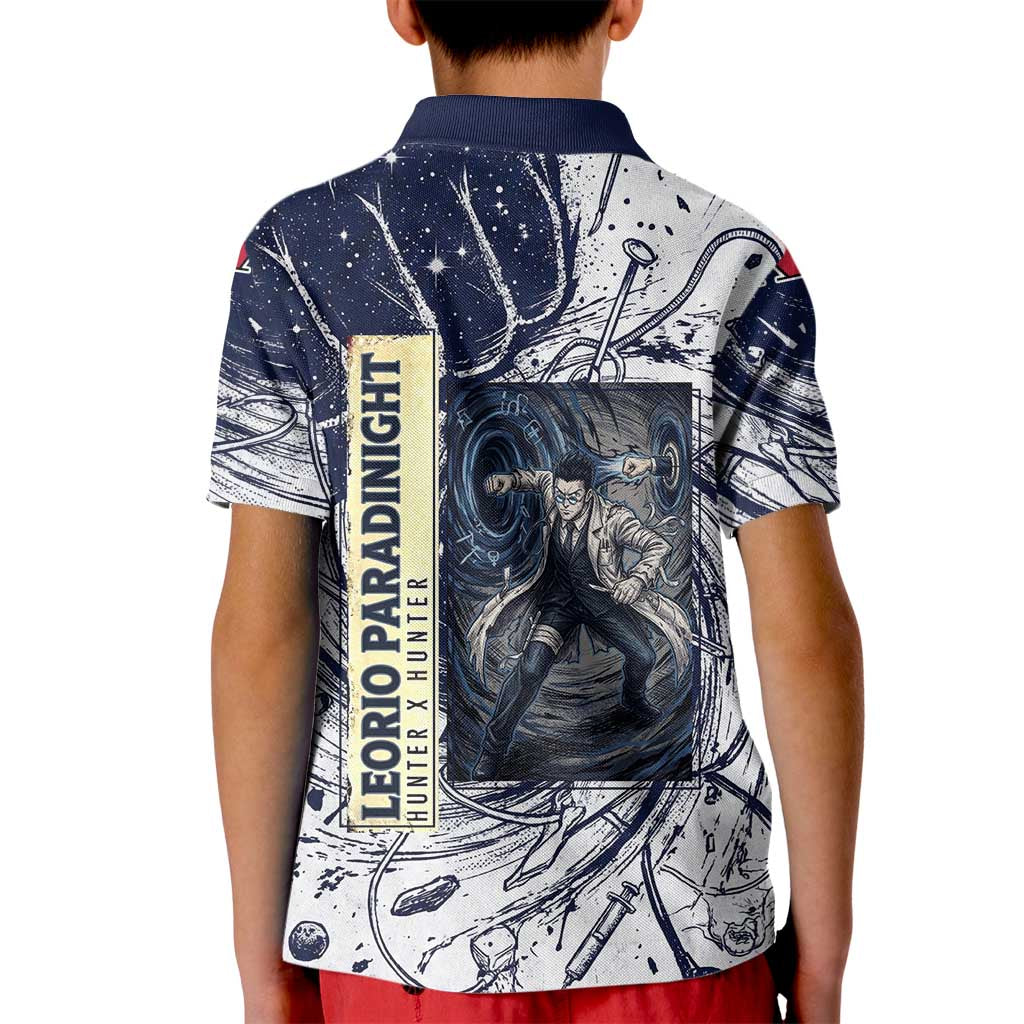 Leorio Paradinight Portal Energy Theme Kid Polo Shirt with Dynamic Anime Artwork and Blue Grunge Design - The Mazicc