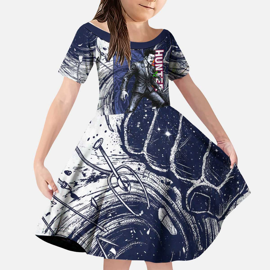 Leorio Paradinight Portal Energy Theme Kid Short Sleeve Dress with Dynamic Anime Artwork and Blue Grunge Design - The Mazicc