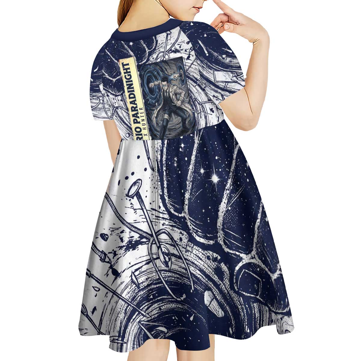 Leorio Paradinight Portal Energy Theme Kid Short Sleeve Dress with Dynamic Anime Artwork and Blue Grunge Design - The Mazicc