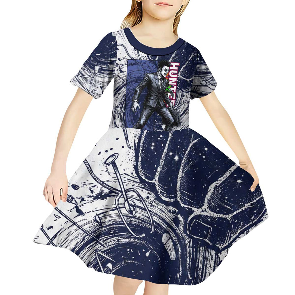 Leorio Paradinight Portal Energy Theme Kid Short Sleeve Dress with Dynamic Anime Artwork and Blue Grunge Design - The Mazicc