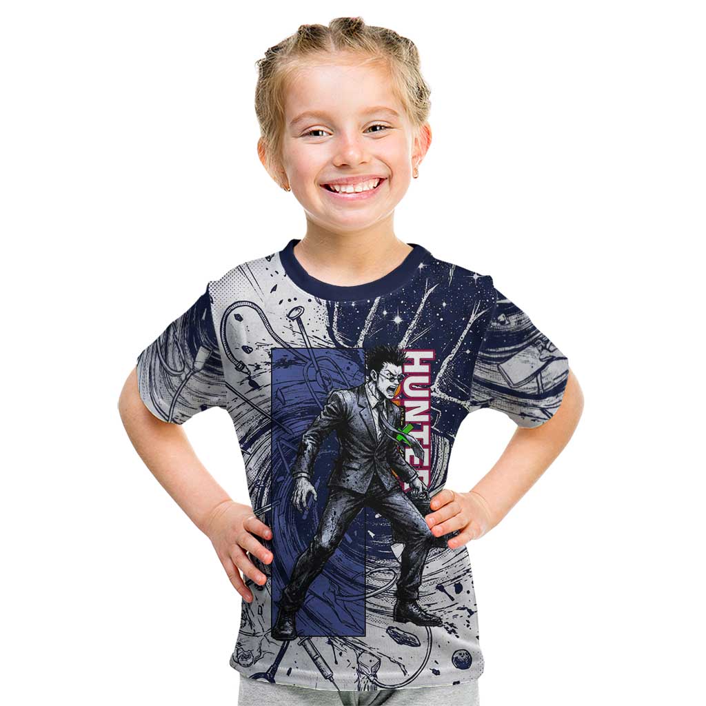 Leorio Paradinight Portal Energy Theme Kid T Shirt with Dynamic Anime Artwork and Blue Grunge Design - The Mazicc