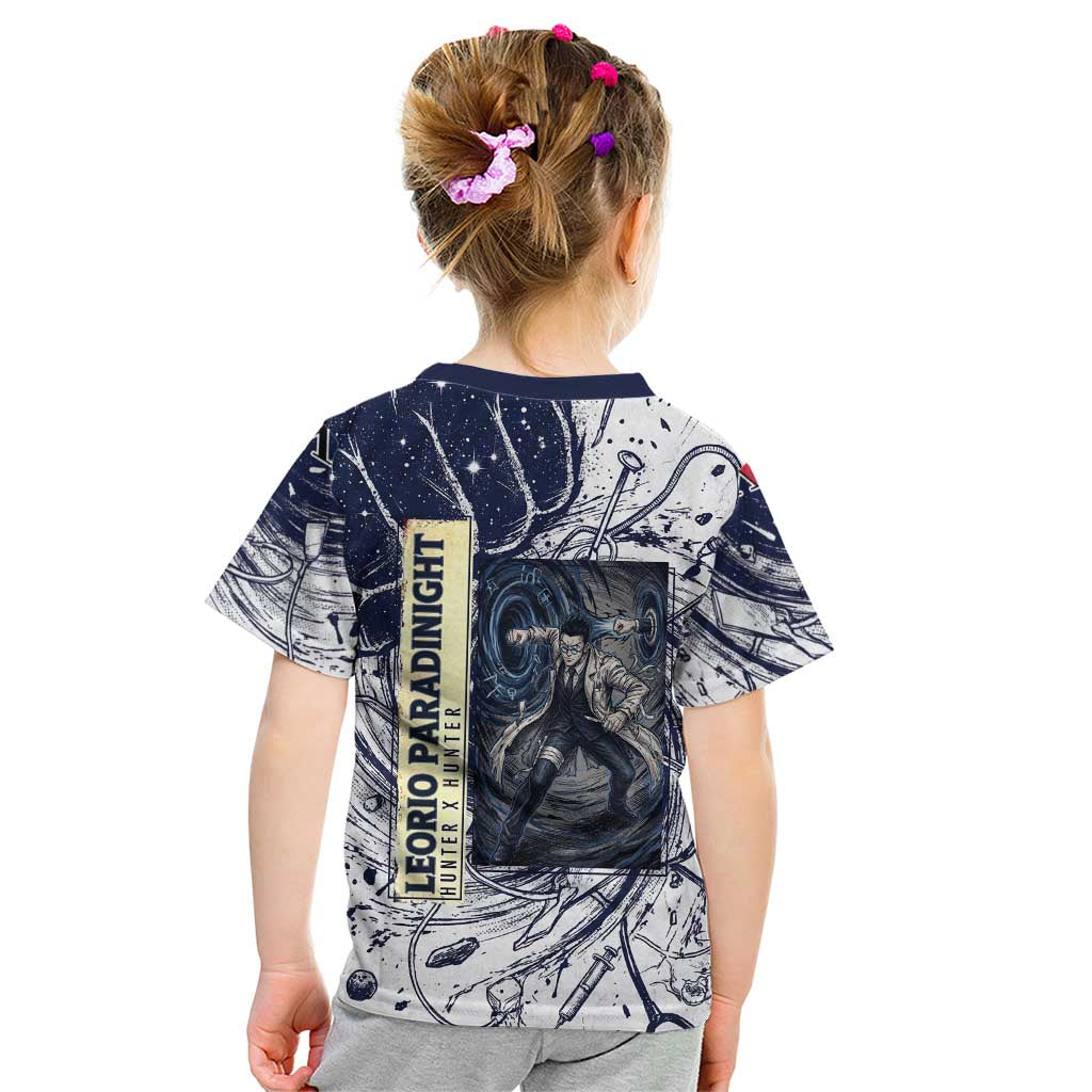 Leorio Paradinight Portal Energy Theme Kid T Shirt with Dynamic Anime Artwork and Blue Grunge Design - The Mazicc