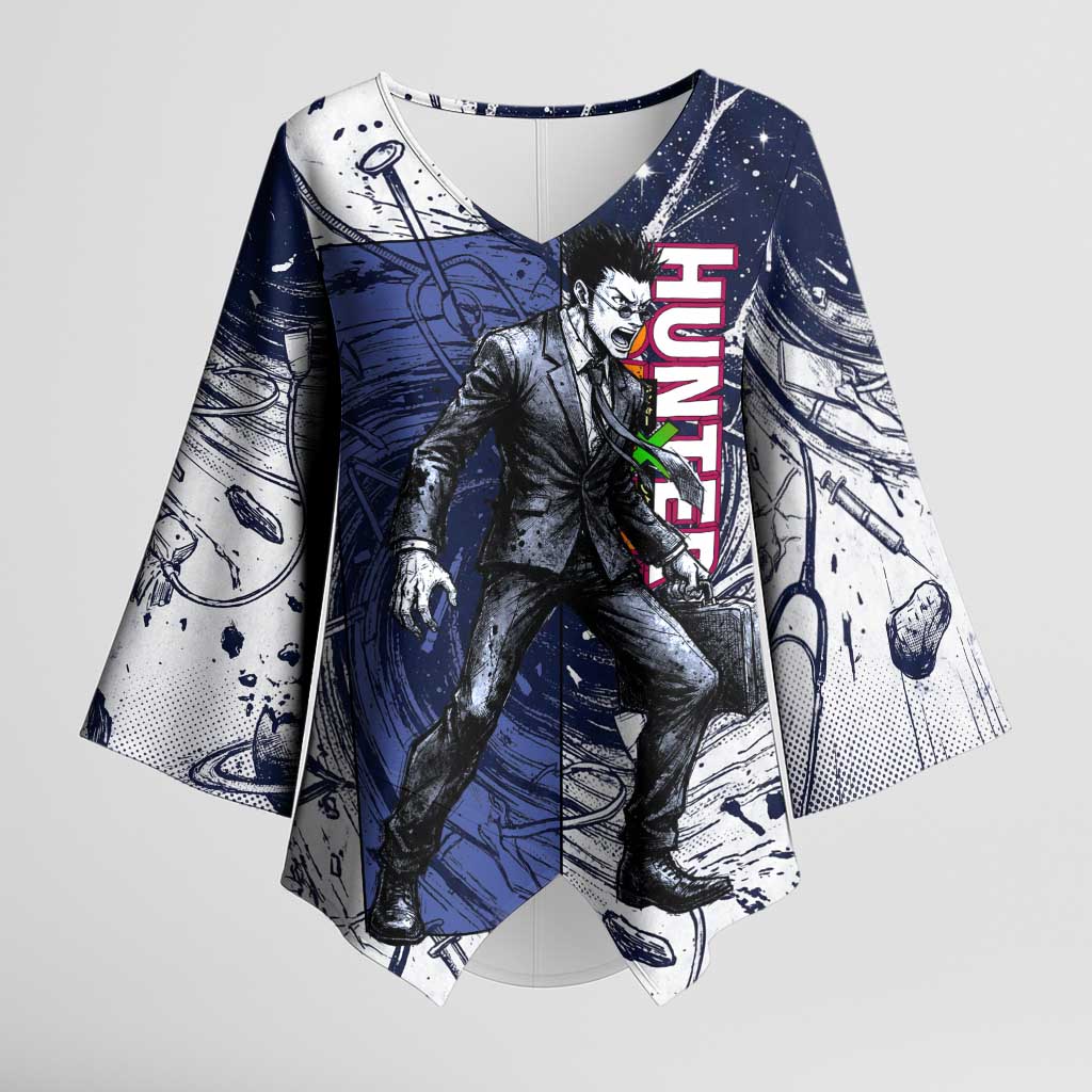 Leorio Paradinight Portal Energy Theme Kimono Sleeve Blouse with Dynamic Anime Artwork and Blue Grunge Design - The Mazicc