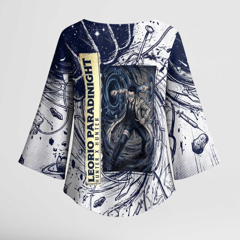 Leorio Paradinight Portal Energy Theme Kimono Sleeve Blouse with Dynamic Anime Artwork and Blue Grunge Design - The Mazicc