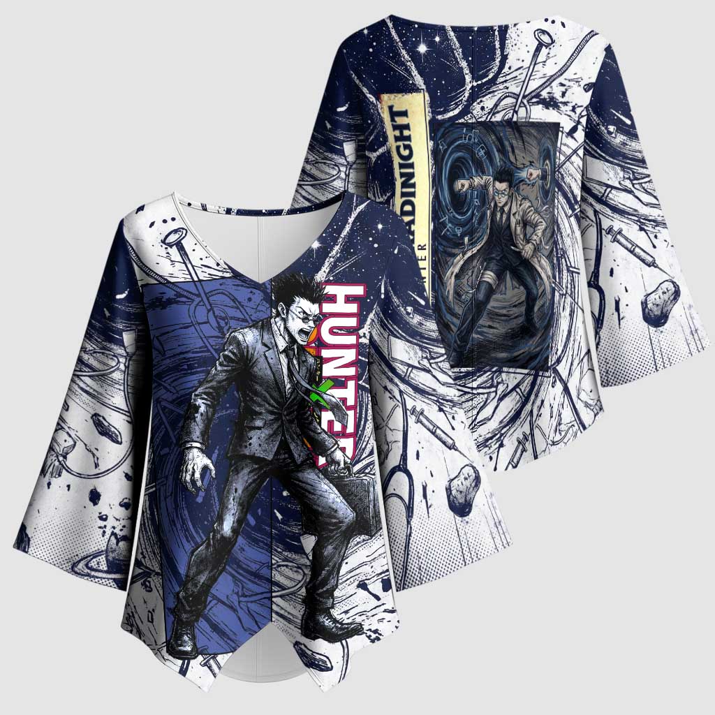Leorio Paradinight Portal Energy Theme Kimono Sleeve Blouse with Dynamic Anime Artwork and Blue Grunge Design - The Mazicc