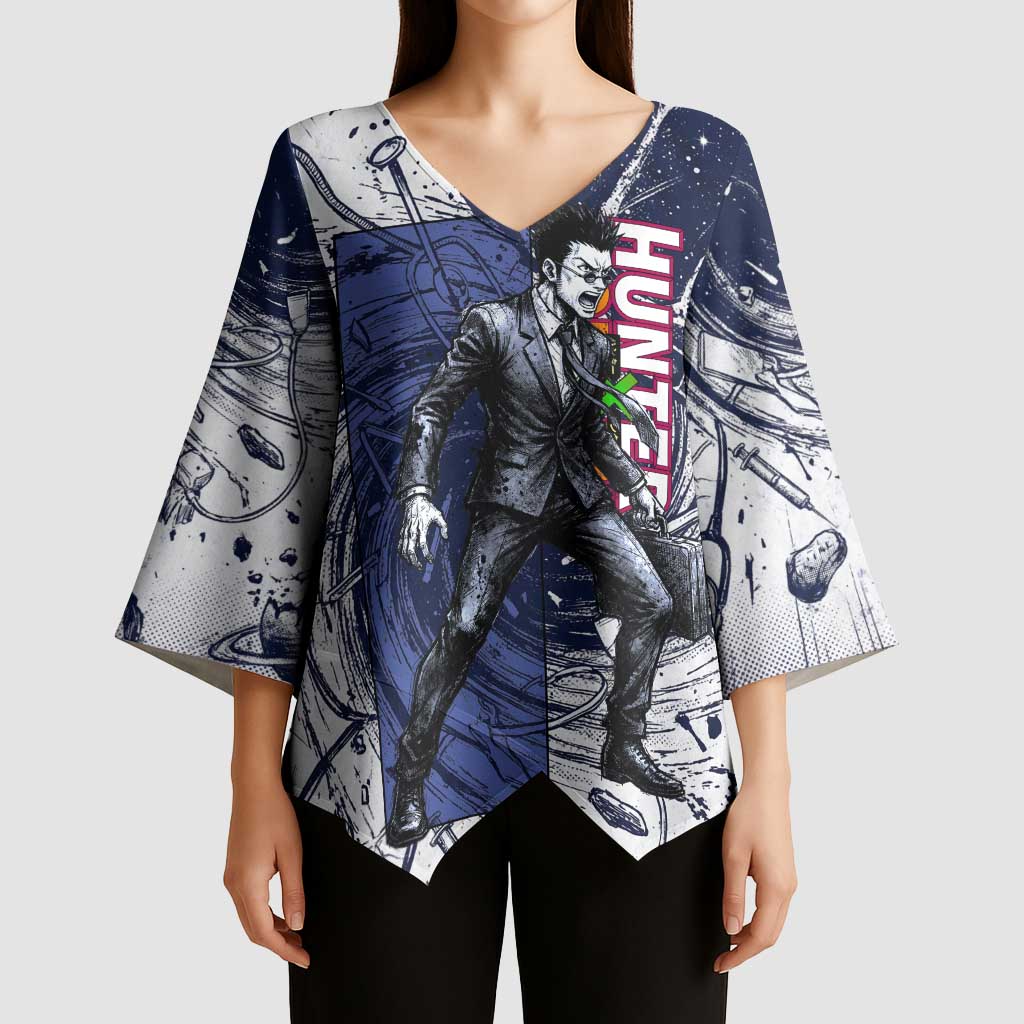 Leorio Paradinight Portal Energy Theme Kimono Sleeve Blouse with Dynamic Anime Artwork and Blue Grunge Design - The Mazicc