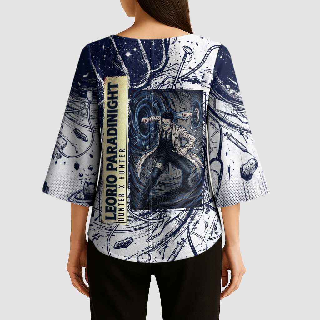 Leorio Paradinight Portal Energy Theme Kimono Sleeve Blouse with Dynamic Anime Artwork and Blue Grunge Design - The Mazicc