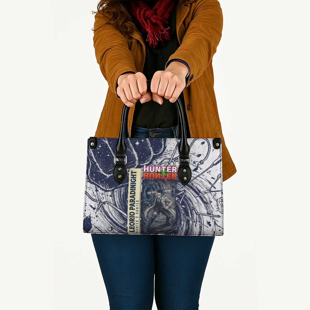 Leorio Paradinight Portal Energy Theme Leather Bag with Dynamic Anime Artwork and Blue Grunge Design - The Mazicc