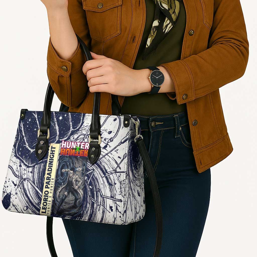 Leorio Paradinight Portal Energy Theme Leather Bag with Dynamic Anime Artwork and Blue Grunge Design - The Mazicc