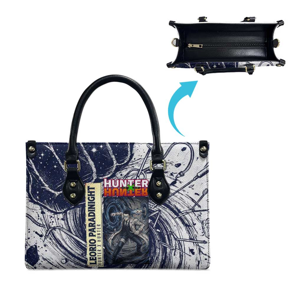 Leorio Paradinight Portal Energy Theme Leather Bag with Dynamic Anime Artwork and Blue Grunge Design - The Mazicc