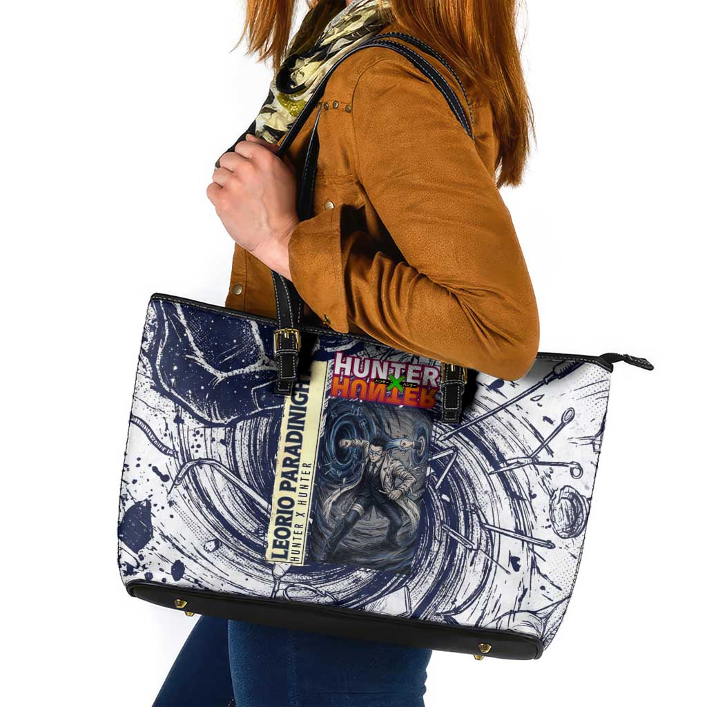 Leorio Paradinight Portal Energy Theme Leather Tote Bag with Dynamic Anime Artwork and Blue Grunge Design - The Mazicc