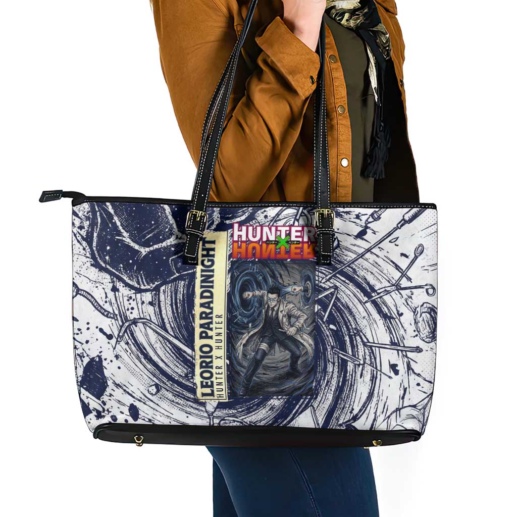 Leorio Paradinight Portal Energy Theme Leather Tote Bag with Dynamic Anime Artwork and Blue Grunge Design - The Mazicc