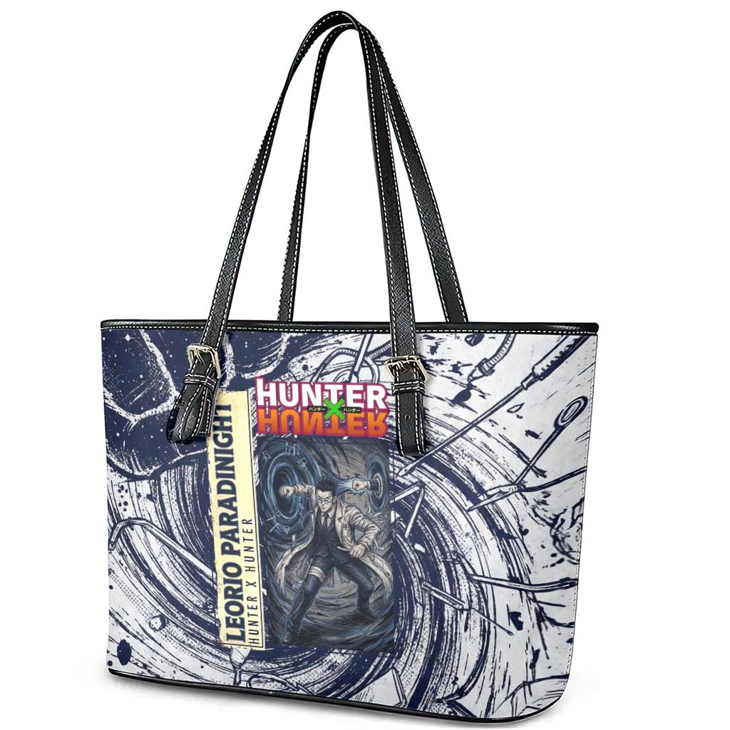 Leorio Paradinight Portal Energy Theme Leather Tote Bag with Dynamic Anime Artwork and Blue Grunge Design - The Mazicc