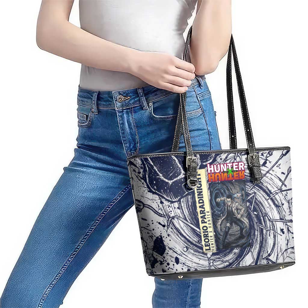 Leorio Paradinight Portal Energy Theme Leather Tote Bag with Dynamic Anime Artwork and Blue Grunge Design - The Mazicc