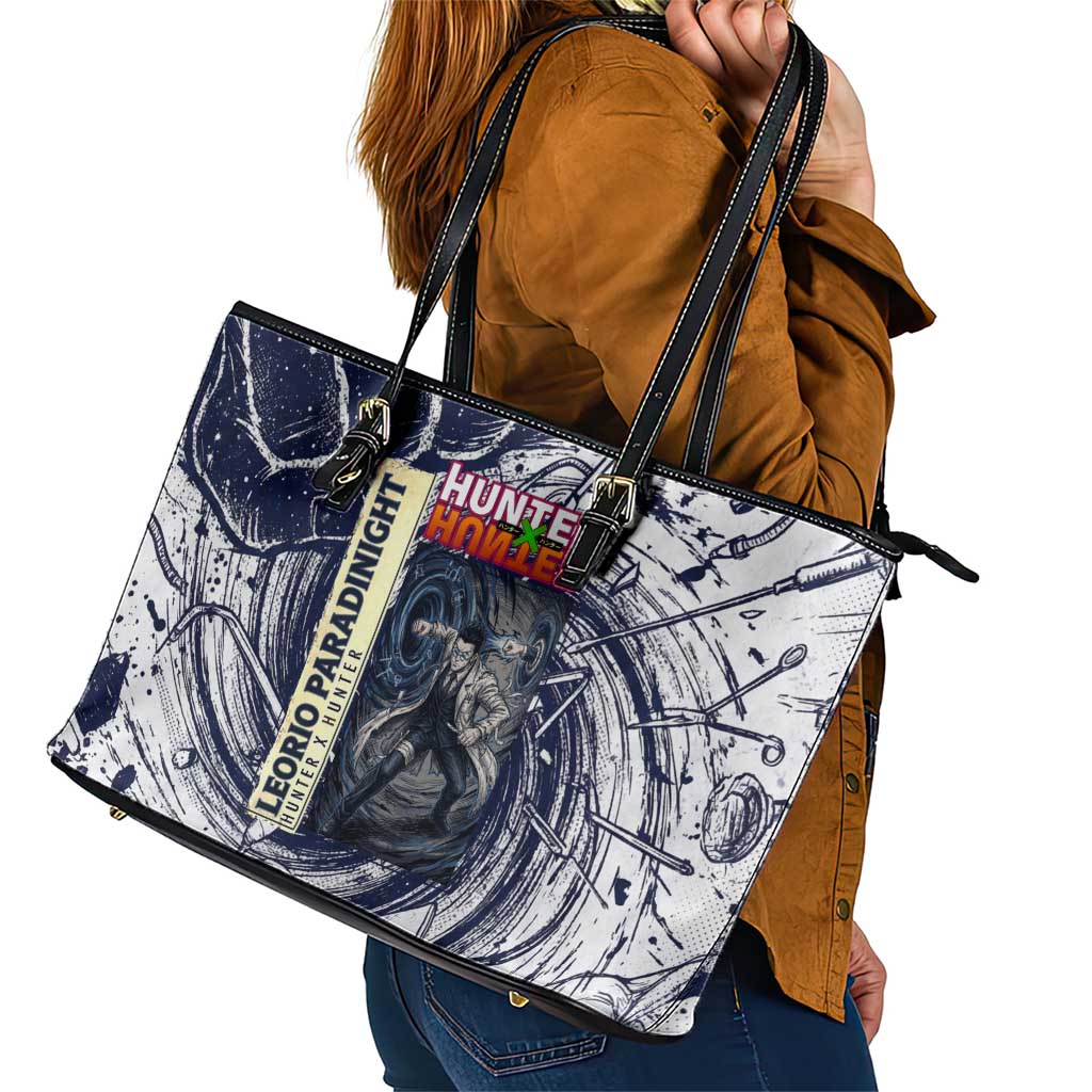 Leorio Paradinight Portal Energy Theme Leather Tote Bag with Dynamic Anime Artwork and Blue Grunge Design - The Mazicc