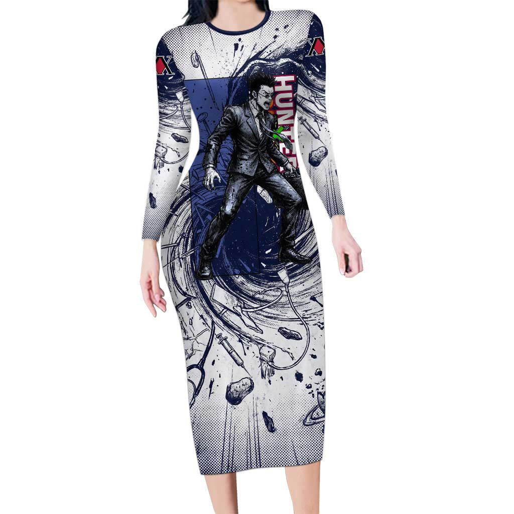 Leorio Paradinight Portal Energy Theme Long Sleeve Bodycon Dress with Dynamic Anime Artwork and Blue Grunge Design - The Mazicc