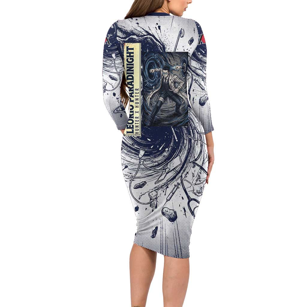 Leorio Paradinight Portal Energy Theme Long Sleeve Bodycon Dress with Dynamic Anime Artwork and Blue Grunge Design - The Mazicc