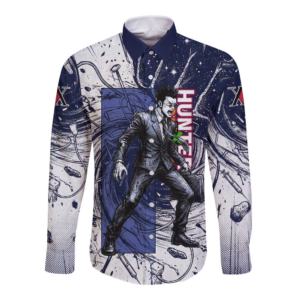 Leorio Paradinight Portal Energy Theme Long Sleeve Button Shirt with Dynamic Anime Artwork and Blue Grunge Design - The Mazicc