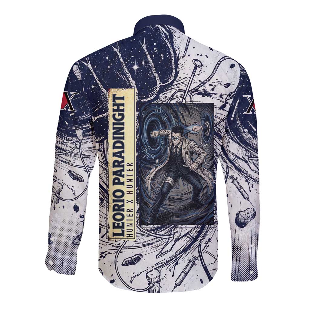Leorio Paradinight Portal Energy Theme Long Sleeve Button Shirt with Dynamic Anime Artwork and Blue Grunge Design - The Mazicc