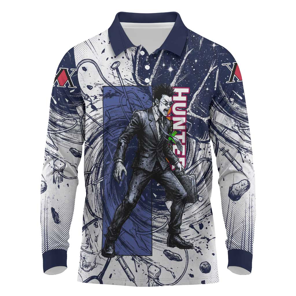 Leorio Paradinight Portal Energy Theme Long Sleeve Polo Shirt with Dynamic Anime Artwork and Blue Grunge Design - The Mazicc