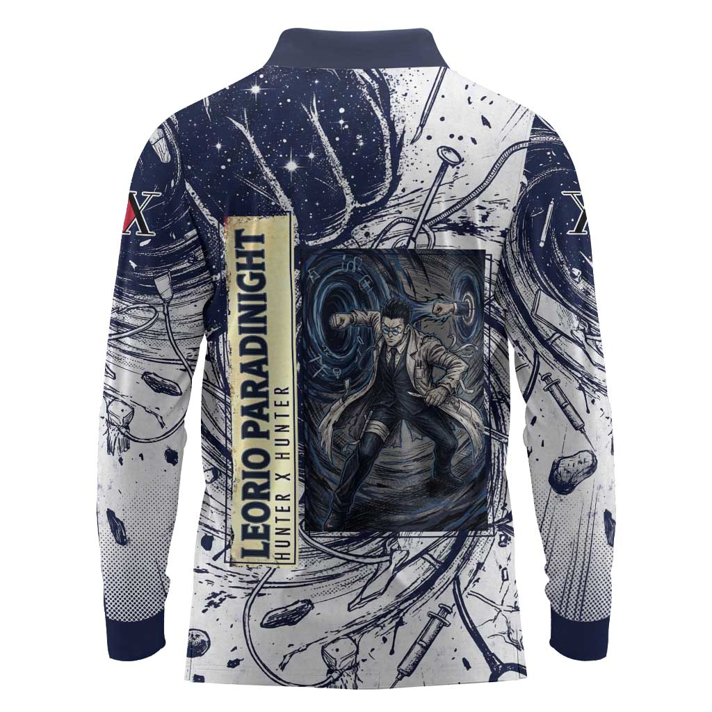 Leorio Paradinight Portal Energy Theme Long Sleeve Polo Shirt with Dynamic Anime Artwork and Blue Grunge Design - The Mazicc