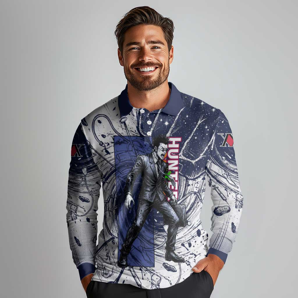 Leorio Paradinight Portal Energy Theme Long Sleeve Polo Shirt with Dynamic Anime Artwork and Blue Grunge Design - The Mazicc