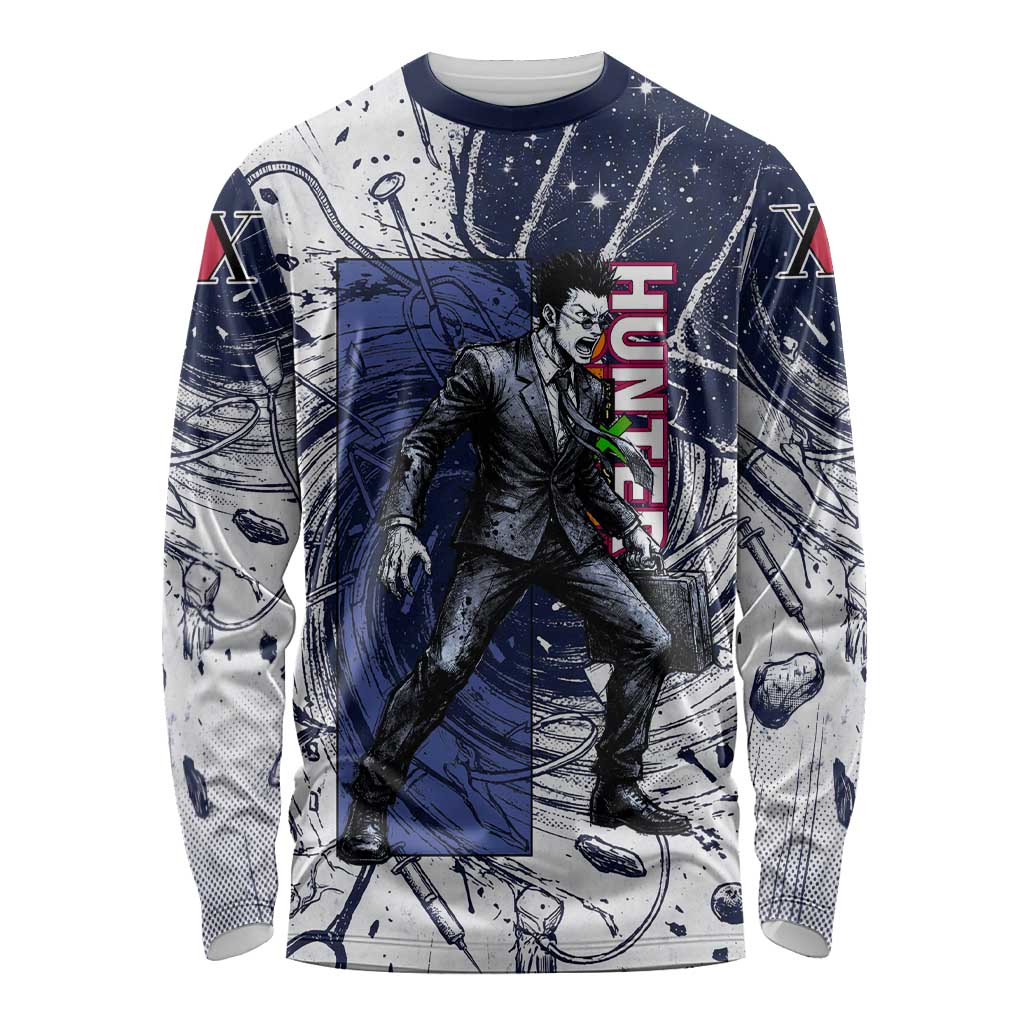 Leorio Paradinight Portal Energy Theme Long Sleeve Shirt with Dynamic Anime Artwork and Blue Grunge Design - The Mazicc