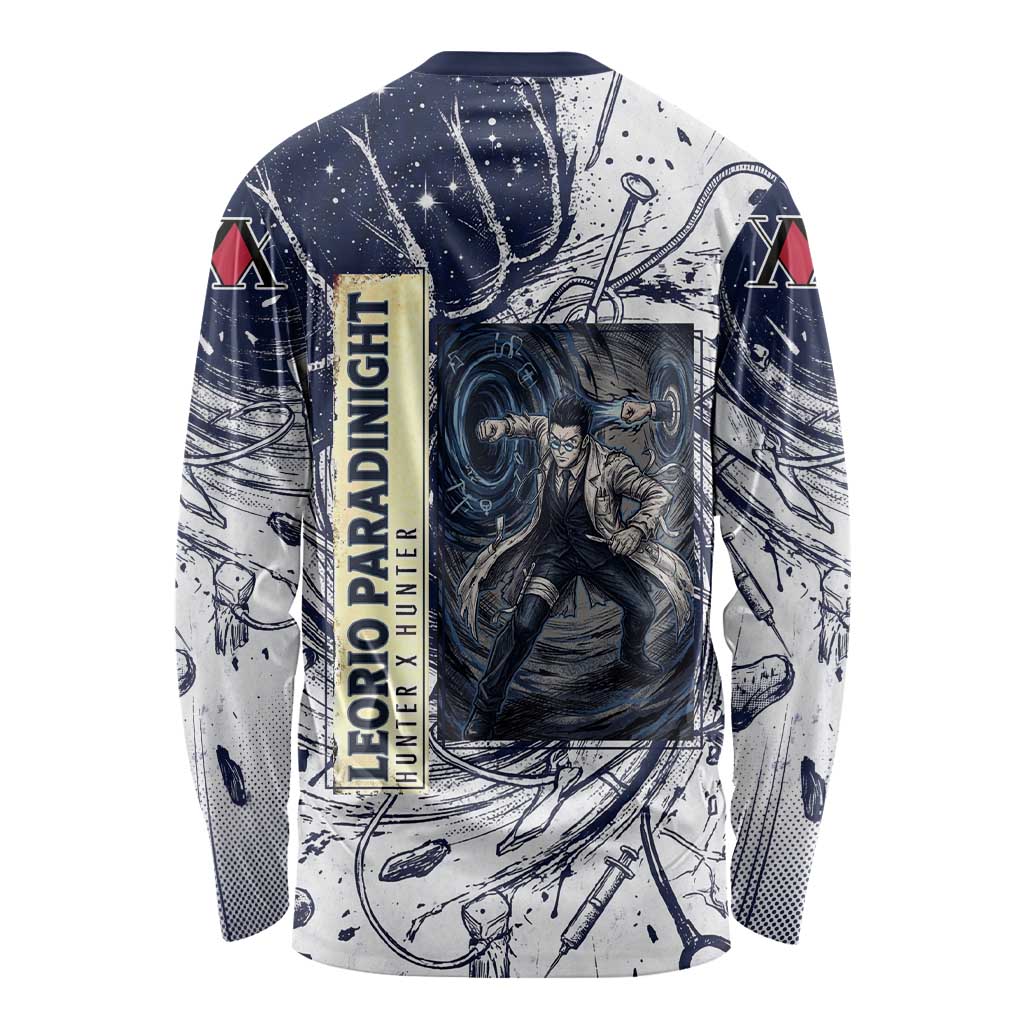 Leorio Paradinight Portal Energy Theme Long Sleeve Shirt with Dynamic Anime Artwork and Blue Grunge Design - The Mazicc