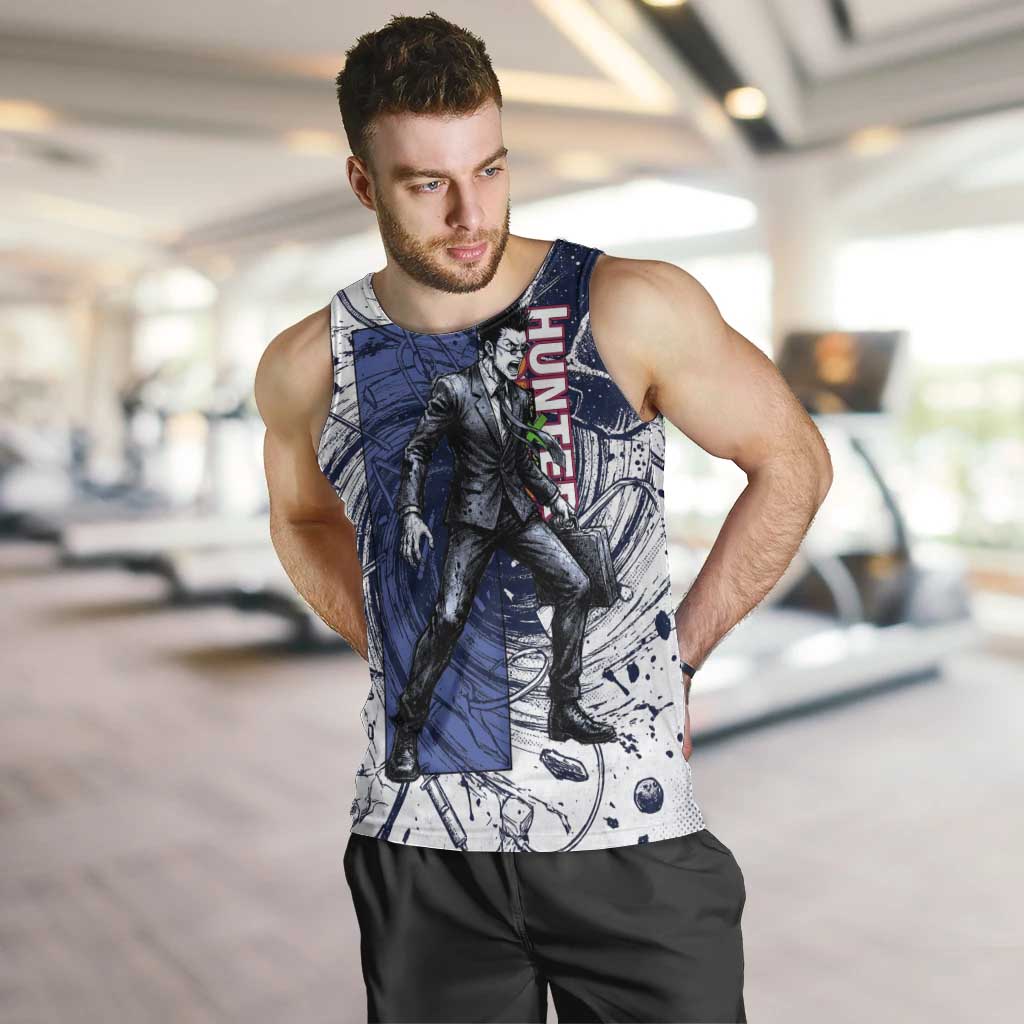 Leorio Paradinight Portal Energy Theme Men Tank Top with Dynamic Anime Artwork and Blue Grunge Design - The Mazicc