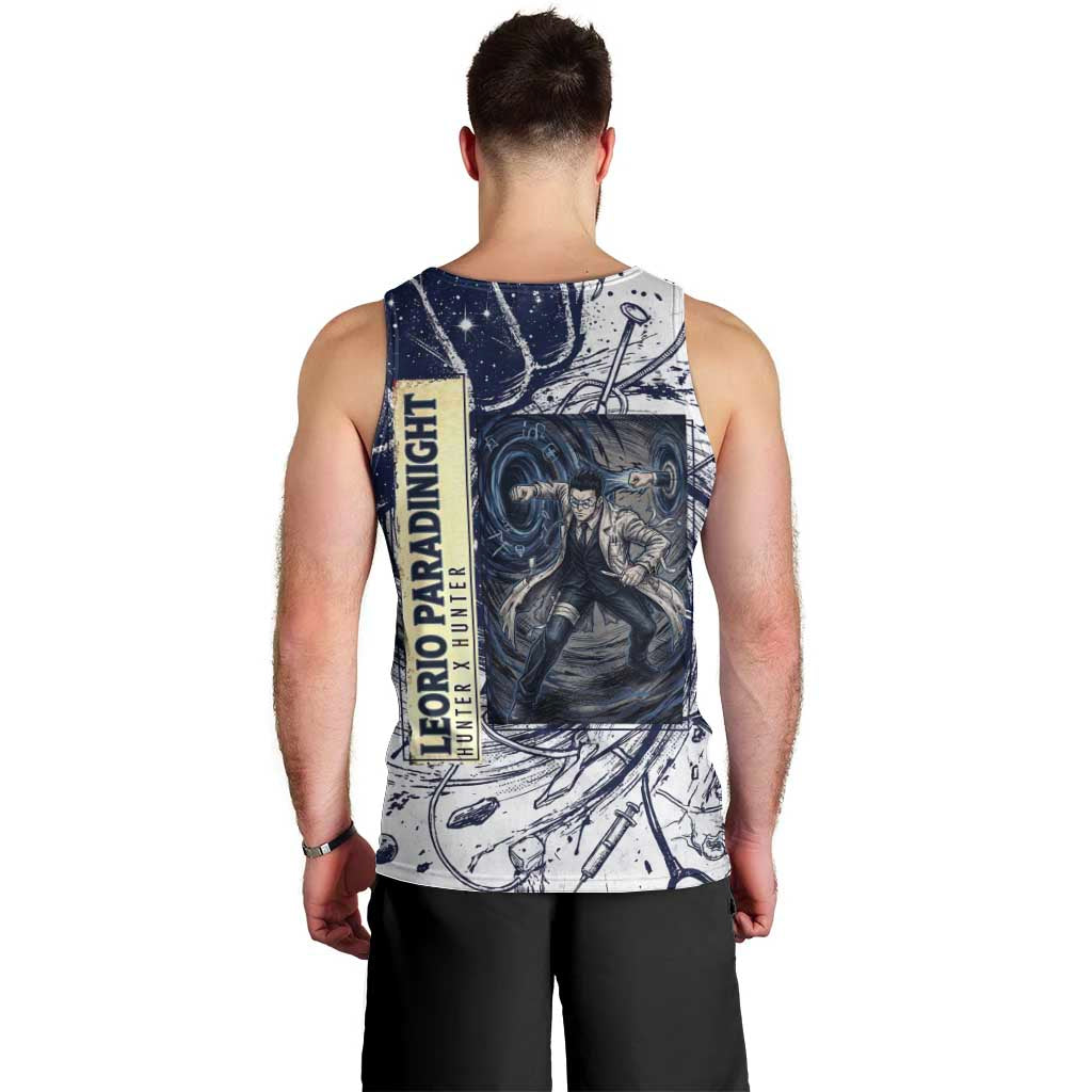 Leorio Paradinight Portal Energy Theme Men Tank Top with Dynamic Anime Artwork and Blue Grunge Design - The Mazicc