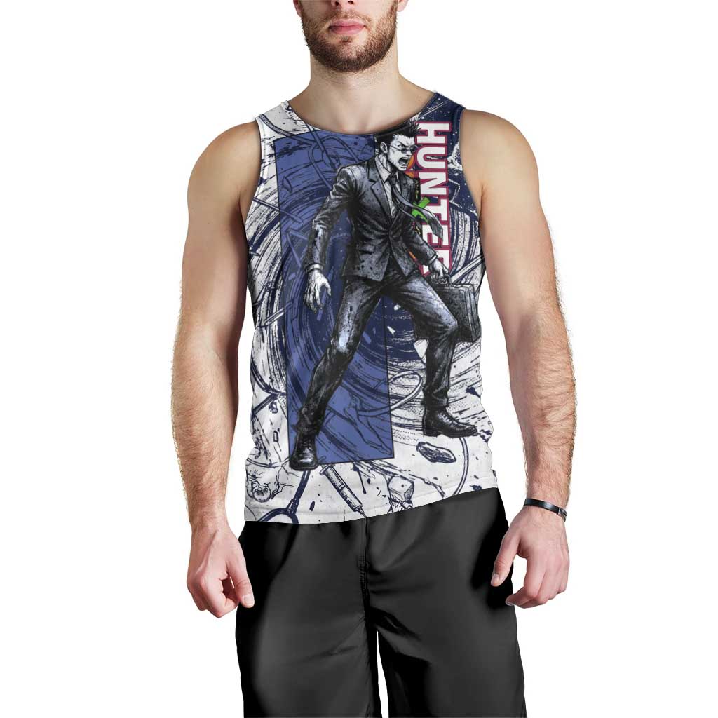 Leorio Paradinight Portal Energy Theme Men Tank Top with Dynamic Anime Artwork and Blue Grunge Design - The Mazicc