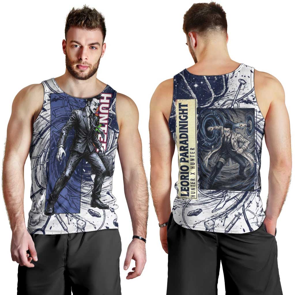 Leorio Paradinight Portal Energy Theme Men Tank Top with Dynamic Anime Artwork and Blue Grunge Design - The Mazicc