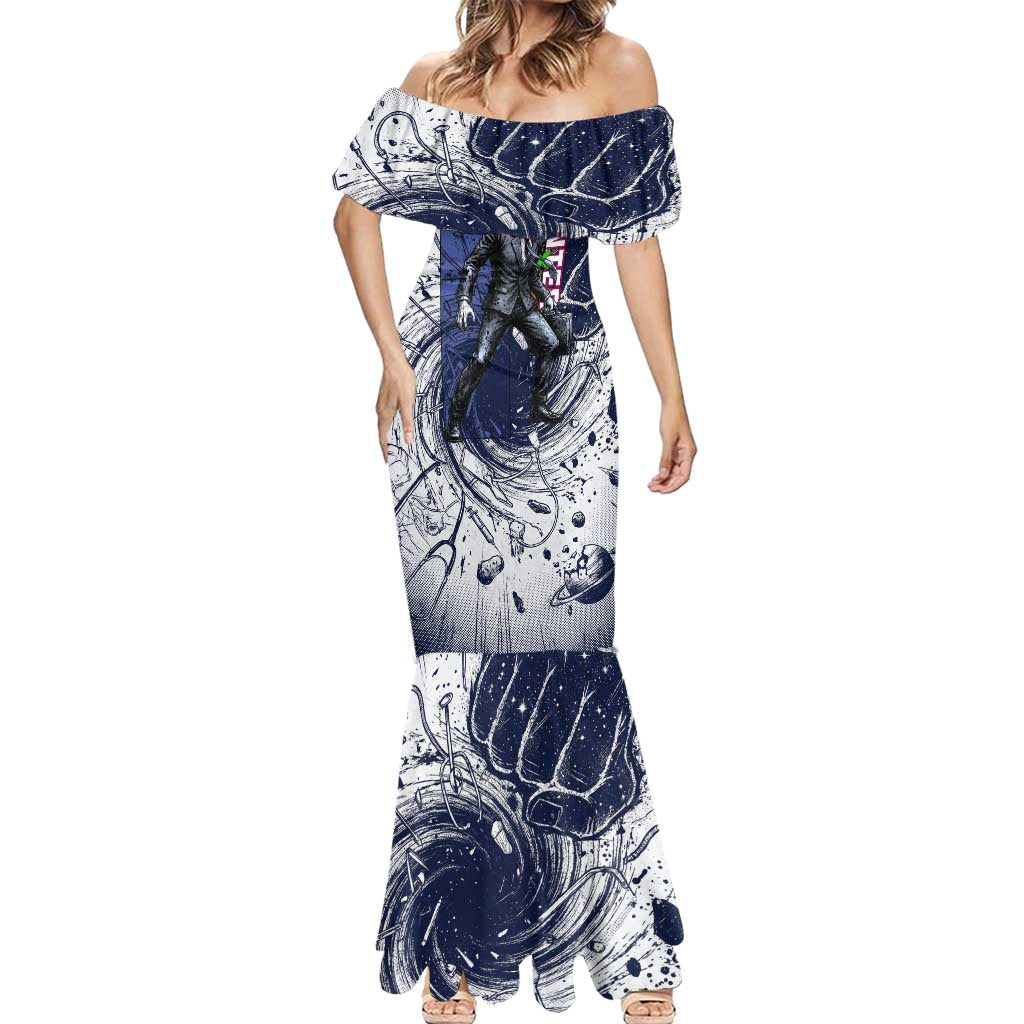 Leorio Paradinight Portal Energy Theme Mermaid Dress with Dynamic Anime Artwork and Blue Grunge Design - The Mazicc