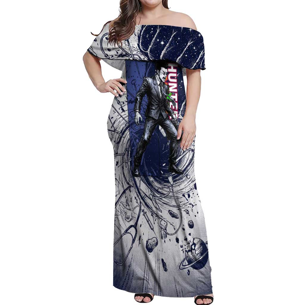 Leorio Paradinight Portal Energy Theme Off Shoulder Maxi Dress with Dynamic Anime Artwork and Blue Grunge Design - The Mazicc