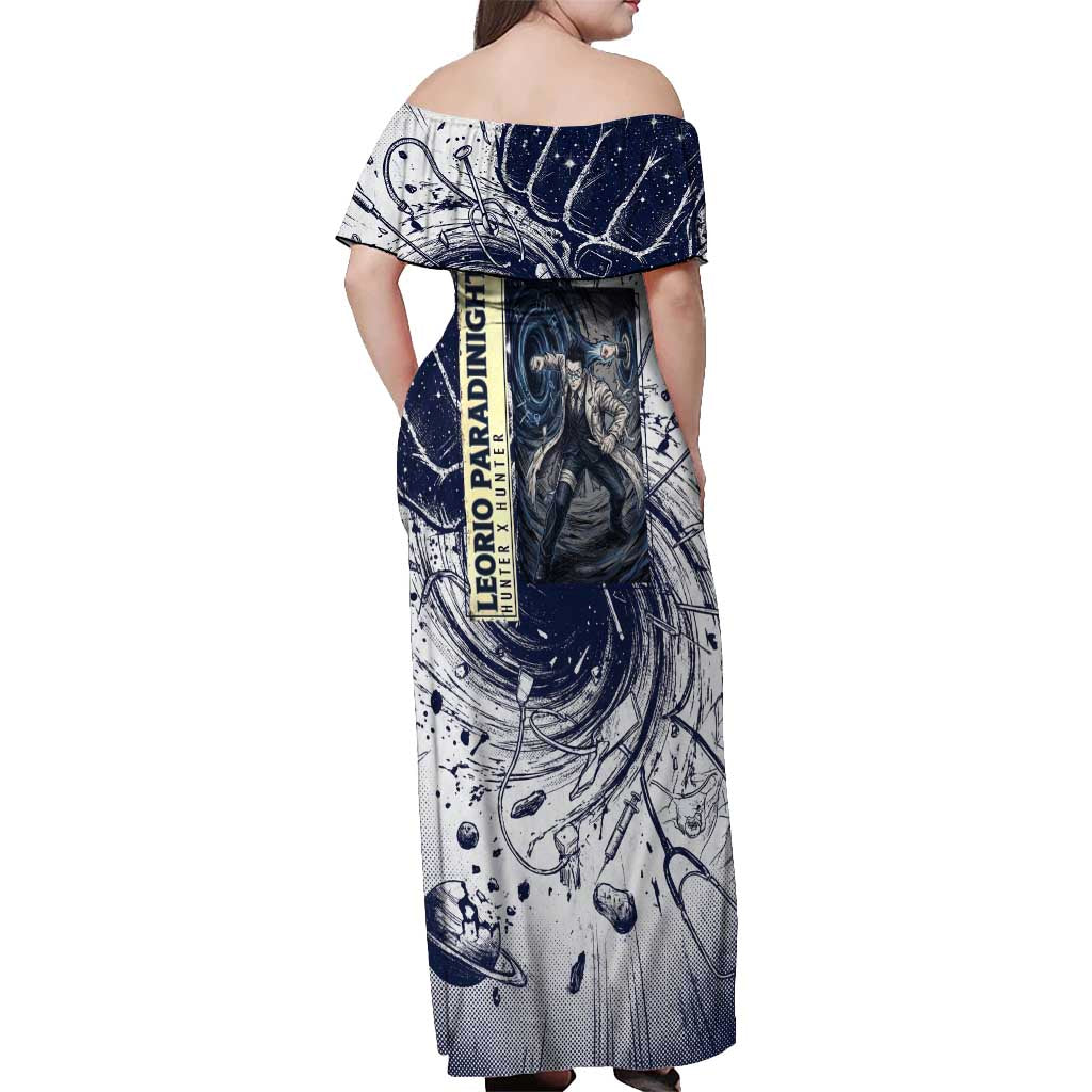Leorio Paradinight Portal Energy Theme Off Shoulder Maxi Dress with Dynamic Anime Artwork and Blue Grunge Design - The Mazicc