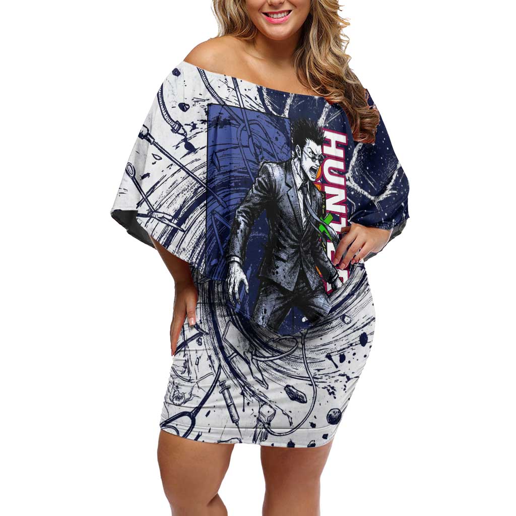 Leorio Paradinight Portal Energy Theme Off Shoulder Short Dress with Dynamic Anime Artwork and Blue Grunge Design - The Mazicc