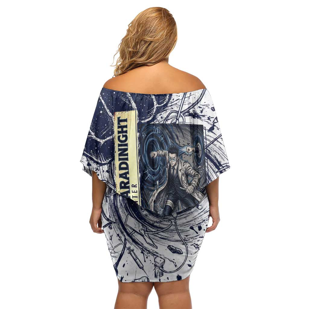 Leorio Paradinight Portal Energy Theme Off Shoulder Short Dress with Dynamic Anime Artwork and Blue Grunge Design - The Mazicc