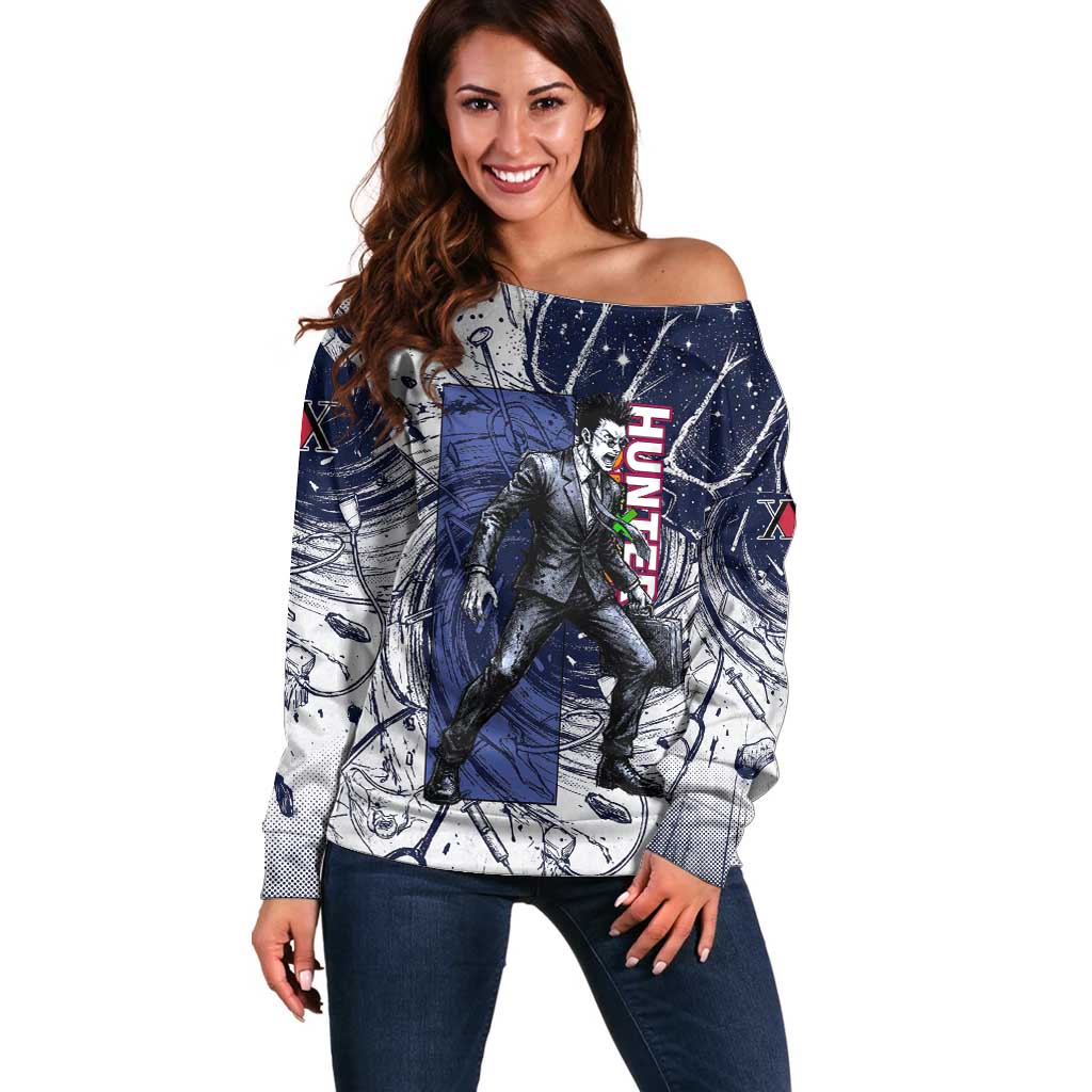 Leorio Paradinight Portal Energy Theme Off Shoulder Sweater with Dynamic Anime Artwork and Blue Grunge Design - The Mazicc