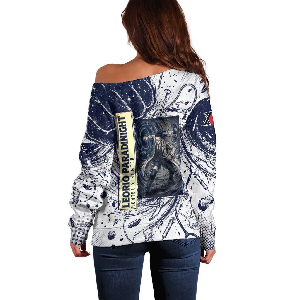 Leorio Paradinight Portal Energy Theme Off Shoulder Sweater with Dynamic Anime Artwork and Blue Grunge Design - The Mazicc