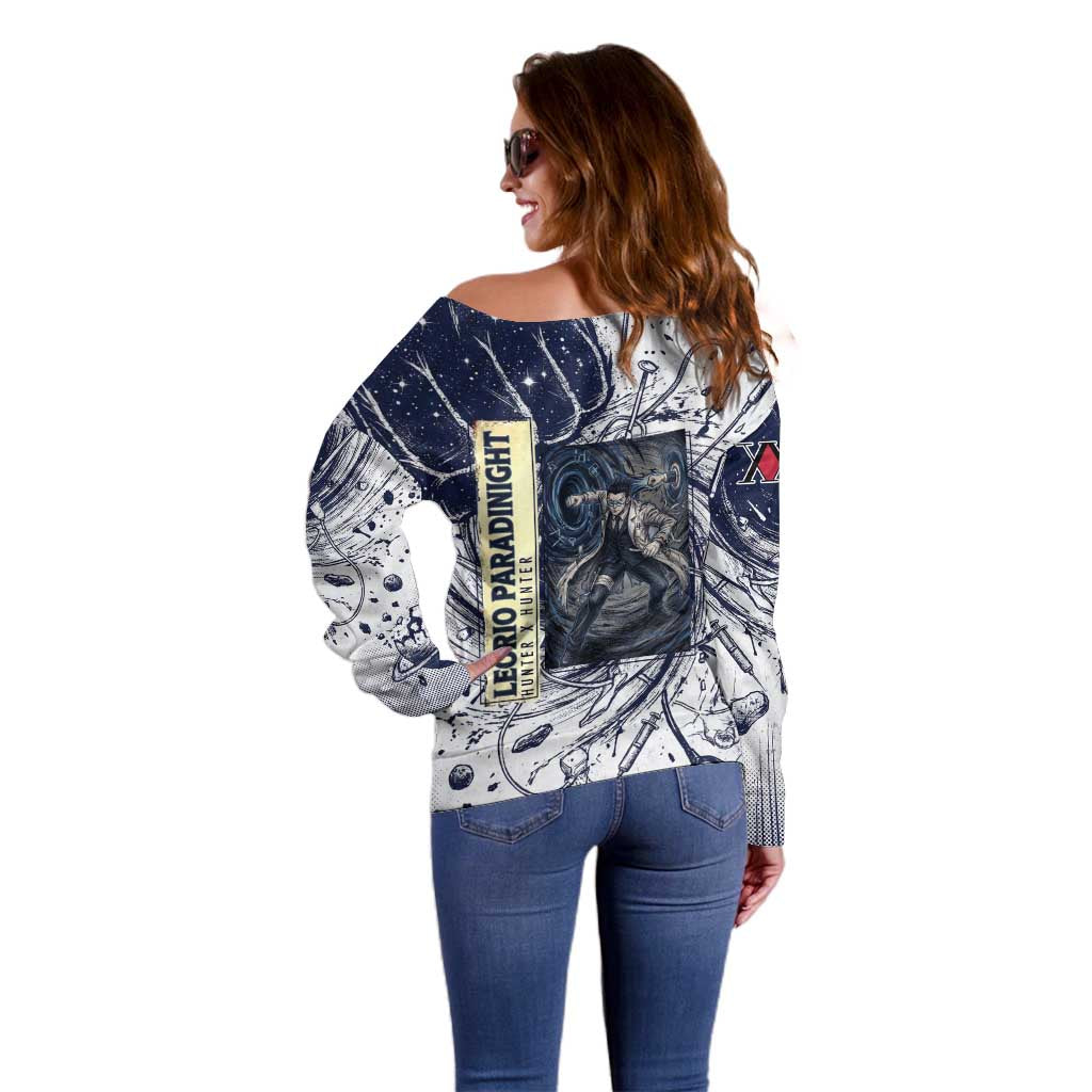 Leorio Paradinight Portal Energy Theme Off Shoulder Sweater with Dynamic Anime Artwork and Blue Grunge Design - The Mazicc