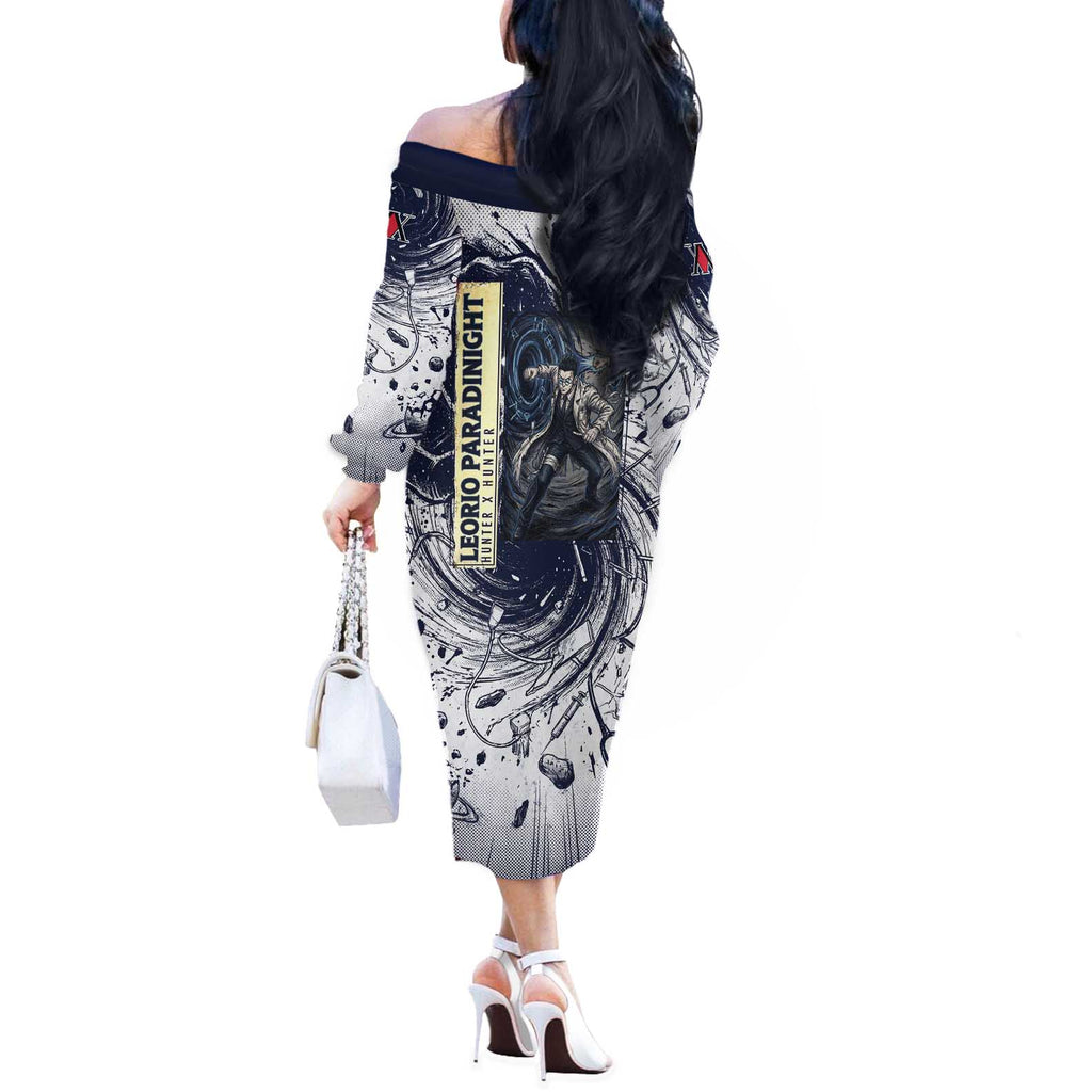 Leorio Paradinight Portal Energy Theme Off The Shoulder Long Sleeve Dress with Dynamic Anime Artwork and Blue Grunge Design - The Mazicc